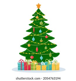 Decorated christmas tree with gifts. Merry Christmas and Happy New Year. Vector illustration 