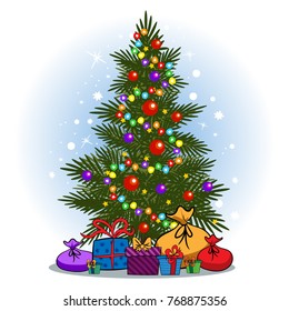 Decorated christmas tree with gifts on a winter background. Suitable for Christmas and New Year card. Vector illustration.