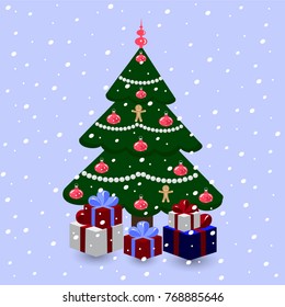 Decorated Christmas tree with gifts on a snowy background