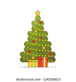 Decorated Christmas tree with gifts. Vector illustration on white background.