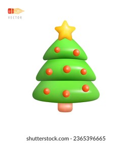 Decorated Christmas Tree. Green cartoon fir with hanging red balls and yellow star isolated on white. Spruce Xmas decor. Winter holiday festive design element. Realistic 3d icon vector illustration