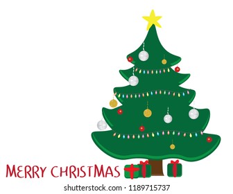 Decorated Christmas tree, Green and Red gifts and merry christmas greeting on white background