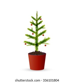 Decorated Christmas tree growing in red bucket on white background, save the Christmas tree, vector