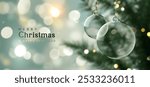 Decorated Christmas tree hanging glass transparent bauble balls, green light golden background blur bokeh. Realistic Xmas 3d design. Happy New Year poster and banner. Vector illustration