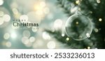 Decorated Christmas tree hanging glass transparent bauble balls, green light golden background blur bokeh. Realistic Xmas 3d design. Happy New Year poster and banner. Vector illustration