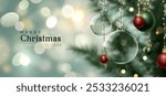 Decorated Christmas tree hanging glass transparent bauble ball, green and red ornaments. Realistic Xmas 3d design. Merry Christmas and Happy New Year poster and banner. Vector illustration