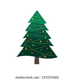Decorated Christmas Tree, Holiday Light Tree, Ornaments, Icon Vector Illustration Background
