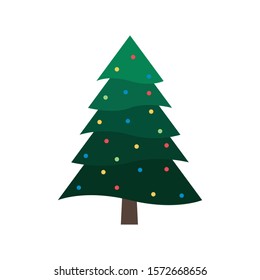 Decorated Christmas Tree, Holiday Light Tree, Ornaments, Icon Vector Illustration Background