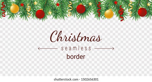 Decorated Christmas tree horizontal seamless pattern in vector illustration.
