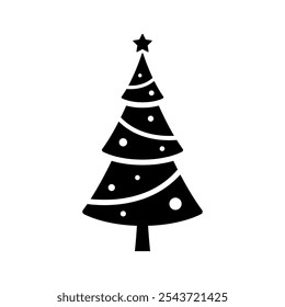 Decorated Christmas tree icon. Black silhouette. Front side view. Vector simple flat graphic illustration. Isolated object on white background. Isolate.