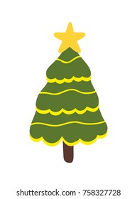 Decorated Christmas tree icon isolated on white background. Vector illustration with green spruce decor with golden garlands and shiny star on top