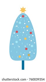Decorated Christmas tree icon isolated on white background. Vector illustration with blue spruce decorated with bright balls and shiny golden star on top