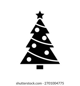 Dekorierte Christbaum-Ikone mit Stern und Ornamenten: Traditionelle immergrüne Silhouette für Winterurlaub und Neujahrsfeier.