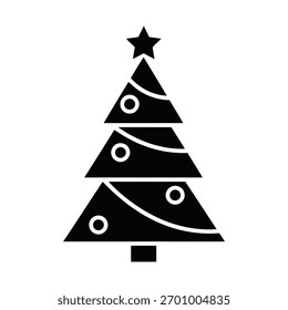Icono decorado del árbol de Navidad con la estrella y los ornamentos: Silueta perenne tradicional para las vacaciones de invierno y la celebración del año Nuevo.