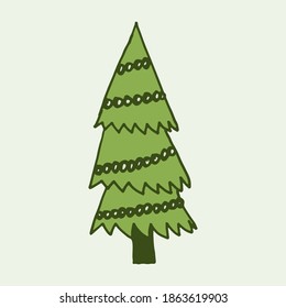 Decorated Christmas tree illustration. Doodle outline drawing isolated on green background. New Year celebration, winter season. Festive plant, holiday symbol