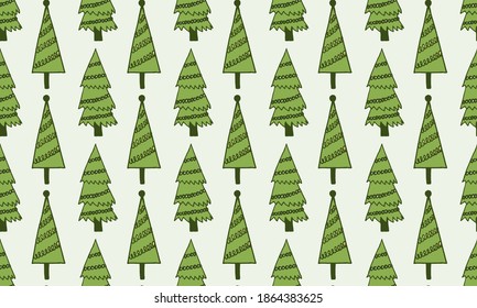 Decorated Christmas tree illustration. Doodle outline drawing. Seamless pattern. New Year celebration, winter season. Festive plant, holiday symbol