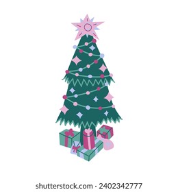 Decorated Christmas tree illustration. A tall fir tree with a star on top, decorated with ornaments and lights, and colorful wrapped gifts underneath. Isolated on a white background.