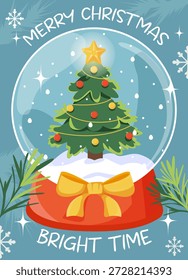 Árbol de Navidad decorado dentro de un globo de nieve con un arco amarillo, copos de nieve y ramas de pino sobre un fondo azul. Ilustración vectorial