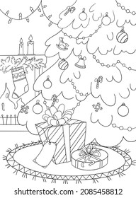 Decorated Christmas tree interior. A coloring page of the Christmas tree, fireplace, and gift boxes on the floor.