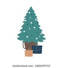 Decorated Christmas tree interior. Home cozy xmas interior decorations cartoon vector illustration