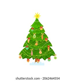 Dekorierter Weihnachtsbaum. Das einzelne Bild auf weißem Hintergrund. Vektorgrafik. Illustration. Grafikdesign-Vorlage.