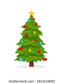 Decorated Christmas tree isolated on white background. Traditional Christmas and New Year symbol. Vector illustration.