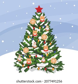 Decorated Christmas tree, isolated on light background vector illustration  