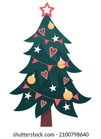 Decorated christmas tree isolated on white background. Hand drawn vector flat illustration