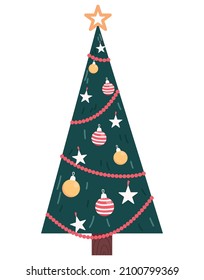Dekorierter Weihnachtsbaum einzeln auf weißem Hintergrund. handgezeichnete Vektorgrafik-FlaIllustration