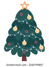 Decorated christmas tree isolated on white background. Hand drawn vector flat illustration