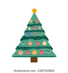Decorated christmas tree isolated on white background. Flat vector style illustration.