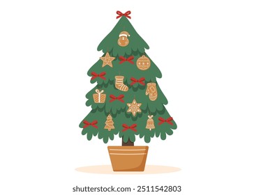 Decorated Christmas tree isolated on white background. Sustainable Christmas concept. Christmas ornaments.