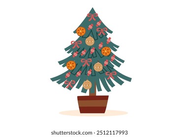 Decorated Christmas tree isolated on white background. Sustainable Christmas concept. Christmas ornaments.