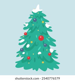 Decorated Christmas tree isolated on blue. New year celebration vector illustration. Beautiful fire with toys, glowing garland decoration on merry Xmas tree at holiday event.