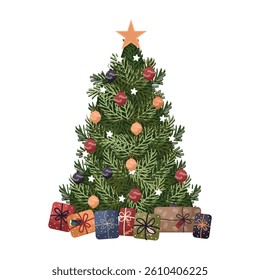 Decorated Christmas tree isolated on white background. Vector illustration