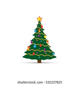 Decorated Christmas tree isolated on white background.