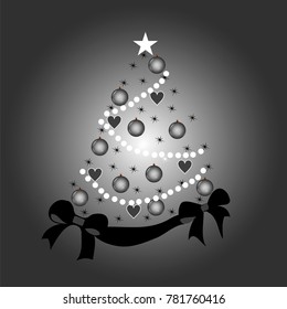 Decorated Christmas Tree Isolated on Grey Background. Monochrome Vector Banner