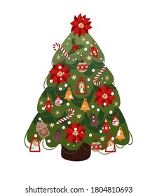 Decorated Christmas tree isolated . Vector cartoon flat illustration