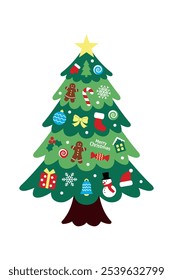 decorated Christmas tree for kids with isolated decorative elements, vector illustration