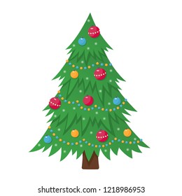 Decorated Christmas tree with lights, decoration balls and lamps. Merry Christmas and a happy new year. Isolated. Vector illustration in flat and cartoon style