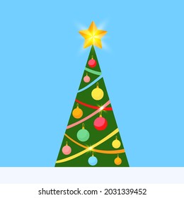 Decorated Christmas Tree with Lights, Garland, Star. Beautiful Xmas Artwork in Flat Style. Vector illustration.