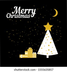 Decorated christmas tree with lots of gift boxes. Modern flat style vector 
illustration. Elegant black gold color. Vector