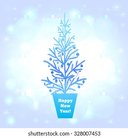 Decorated christmas tree on abstract background with snowflakes. Vector illustration.