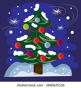 Árbol de Navidad adornado en un fondo azul oscuro, nieve volando por ahí. La ilustración es excelente para decorar álbumes de fotos.