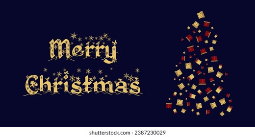 Árbol de Navidad adornado en un fondo oscuro. Árbol de Navidad de regalos de fondo azul oscuro. Diseñar el volante de postales, cupón. Fiesta de la concepción. Ilustración vectorial.