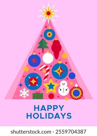 Decorated Christmas tree on a pink background. Happy holidays card with a minimalistic design.