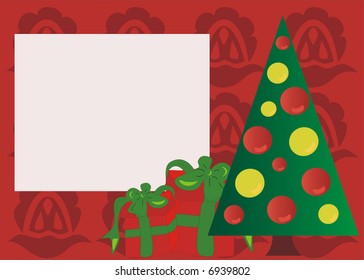 Decorated Christmas tree on seamless pattern background with presents and place for your message . Suitable for greetings.
