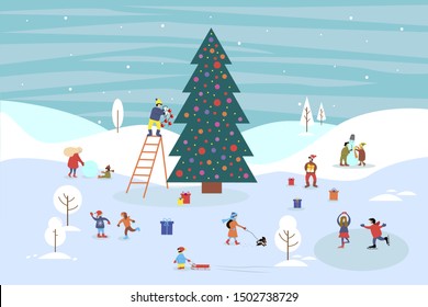 Decorated Christmas tree on street. Winter season background people characters. People have fun. Families and friends walk, ice skate, sculpt a snowman, carry gifts.  Flat vector illustration.