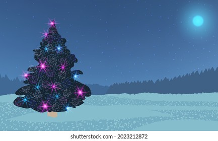 Decorated Christmas tree on winter background with shining Moon, stars and distant pine forest.