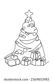 Dekorierte Weihnachtsbaumzeichnung mit einer Linie, Vektorgrafik.